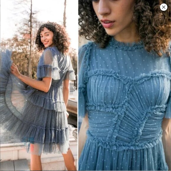 NWT Ivy City Co Whimsical Short Dress Slate Blue Tulle Women's Medium Tiered - Picture 1 of 16